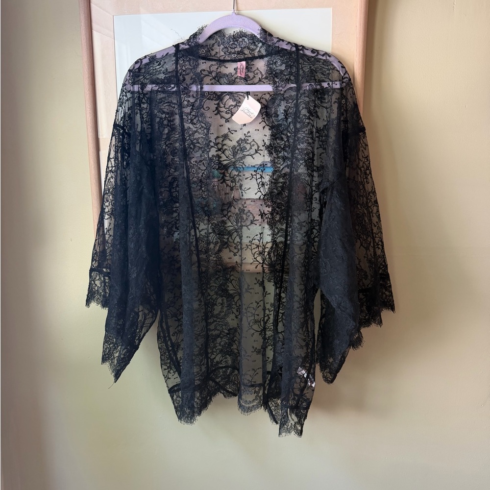 Agent Provocateur Black Lace Sheer Kimono Robe - Women Intimates & Sleepwear